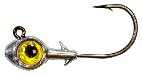 Gold Trout Eye Jig Head One Eighth Ounce side view with oversized eye, dual keeper spikes, and Mustad UltraPoint hook.