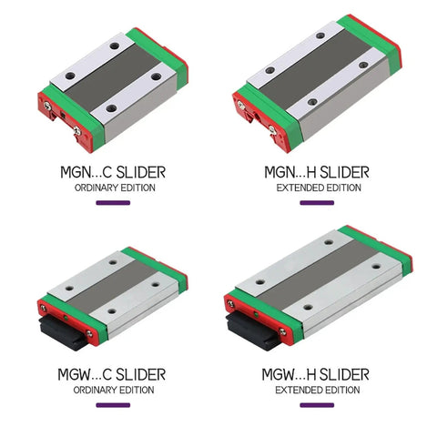 Four MGN and MGW slider blocks, including C and H editions, show top view of linear motion set for 3D printer and CNC projects.