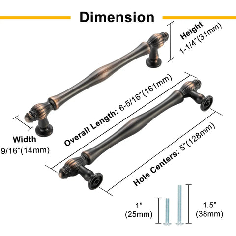 Rad Five Inch Brushed Gold Cabinet Pulls And Drawer Handles dimensions showing height, width, and hole centers for installation.
