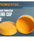 Top Shelf Heavy Duty Dust Collection End Caps That Stretch Easily Over Four Outer Diameter Pipes To Seal Up Woodworking Vacuum Lines Zero Dust Leaks Guaranteed Pvc Covers Keep Powerful Airflow Running Smooth, 4 inch yellow end caps viewed from side and top angle.