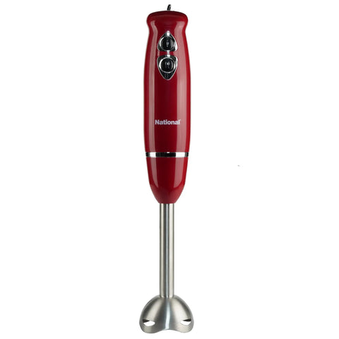 Heavy Duty 4 In 1 Immersion Hand Blender With Rock Solid 500W Motor And Two Speed Settings Featuring Splash Control Tech And Versatile Attachments in red.