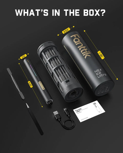 Tiny But Mighty Ultra Mini Cordless Electric Screwdriver with box contents, magnetic bits, charging cable, and manual.