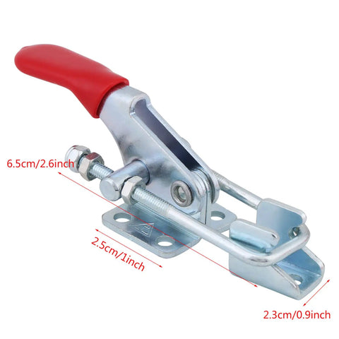 Heavy Duty Toggle Clamps Set Four Latch Type Metal Clamps With 360 Lbs Holding Capacity For Welding Mechanical Processing And Vehicle Manufacturing Ideal For Fixturing And Assembly In Shops And Factories with red handle and measurements shown