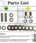 Parts list for Heavy Duty 12 Way Terminal Distribution Block Bus Bar, includes M8 and 5/16-18 bolts and washers.