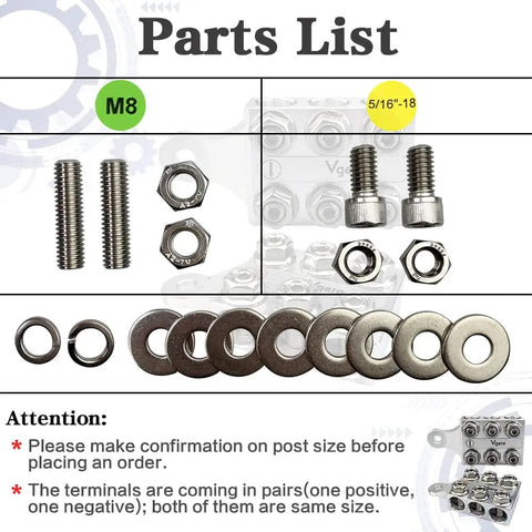 Parts list for Heavy Duty 12 Way Terminal Distribution Block Bus Bar, includes M8 and 5/16-18 bolts and washers.