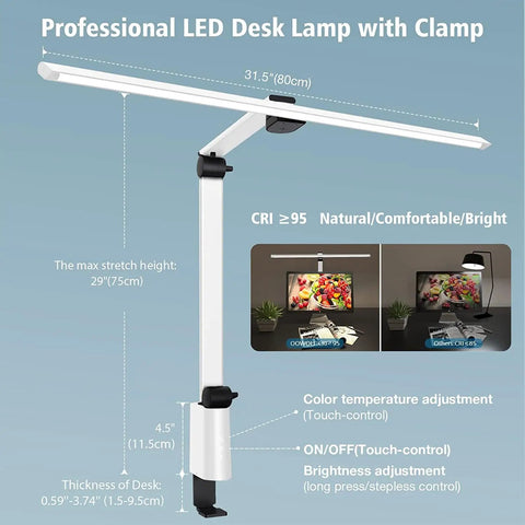 LED Desk Lamp With Clamp And Swing Arm, 31.5 Inch Wide Architect Style Desk Light, diagram showing dimensions and features