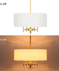 4 Light Modern Chandelier With White Linen Drum Shade In Antique Brass Finish, shown on and off.