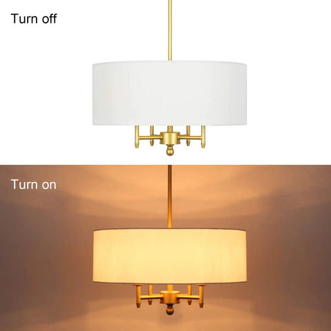 4 Light Modern Chandelier With White Linen Drum Shade In Antique Brass Finish, shown on and off.
