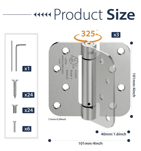 3 Pack 4 Inch Self Closing Door Hinges With 5/8 Inch Radius Corners In Brushed Nickel, Easy Install With Stainless Steel Mounting Screws For Kitchens Bathrooms Garages Offices And Interior Doors, size diagram
