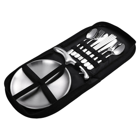 Outdoor Camping Mess Kit For Two With Stainless Steel Forks Spoons Knives Plates And Food Clip In A Compact Zipper Case