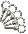 5 Piece 304 Stainless Steel Eye Bolts Set With Nuts And Flat Washers, M6 Shoulder Eyebolts, displayed in a row