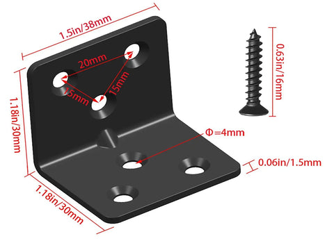 Diagram of Heavy Duty Black Stainless Steel Shelf Bracket Right Angle L Shape Corner Brace for Wood Shelves with four screw holes
