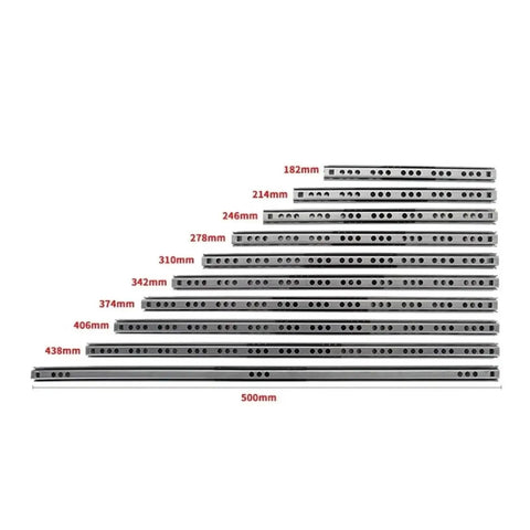 Various sizes of side mount ball bearing drawer slides displayed in a stack, including 310mm extension, 13 inch model.