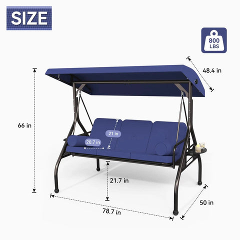 Three In One Outdoor Porch Swing Bed With Canopy Three Seat Patio Glider with size dimensions and 800 lb capacity label