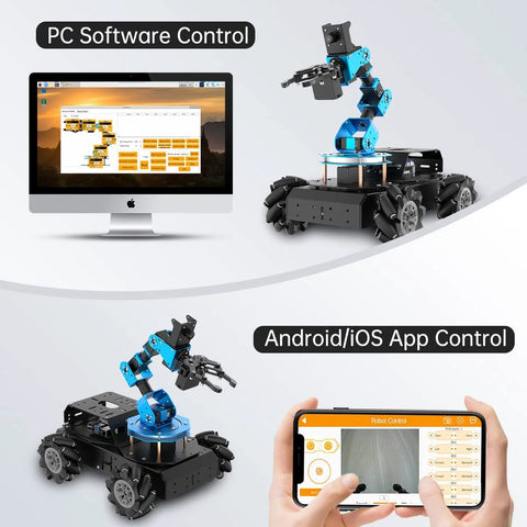 Toy LewanSoul ROS robotic arm kit with Raspberry Pi 4B; blue articulated arm on a black 4WD chassis