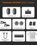 Accessories of Air SE Wireless Mini Mic For iPhone And Android With AI Noise Cancellation, including transmitters, receiver, clips, and bag.