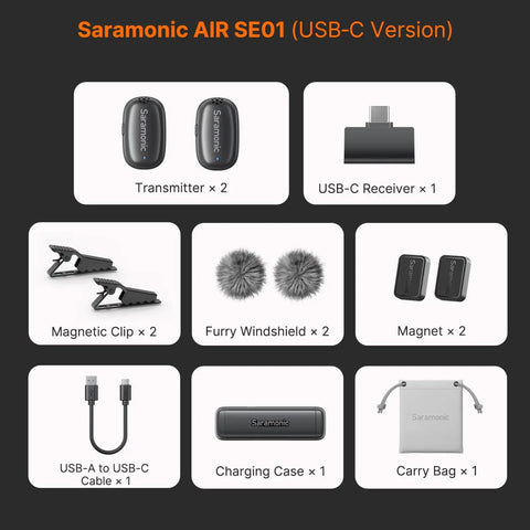 Accessories of Air SE Wireless Mini Mic For iPhone And Android With AI Noise Cancellation, including transmitters, receiver, clips, and bag.