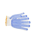Blue dotted grip work glove laying flat for added traction and protection in various tasks.