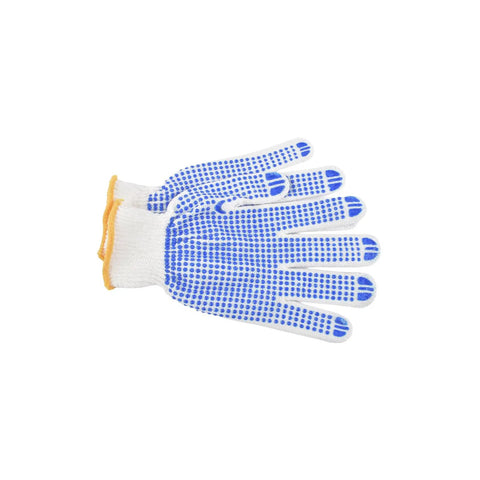 Blue dotted grip work glove laying flat for added traction and protection in various tasks.