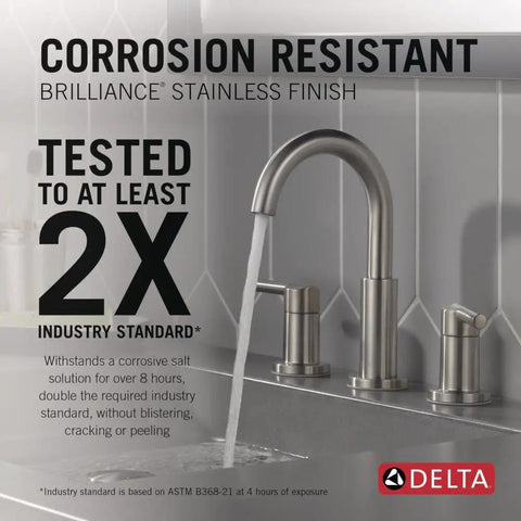 Sleek Brushed Nickel Vanity Faucet Eight Inch Widespread Layout Featuring Smart Quick Connect Lines For Hassle Free DIY Install With Push Pop Drain And Rock Solid Stainless Steel Construction