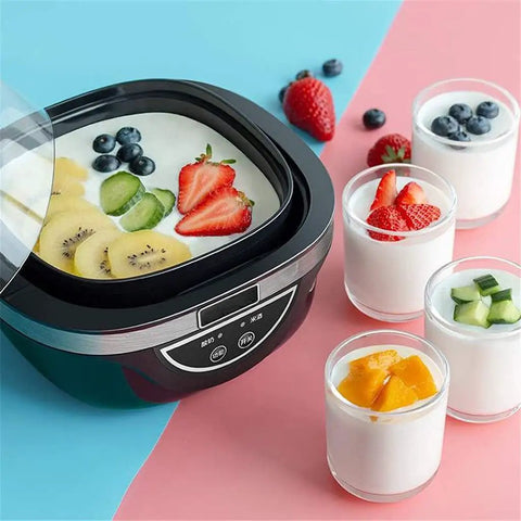 No Sweat Automatic Yogurt Maker With Four Leakproof Glass Jars filled with yogurt topped with fresh fruits on a pastel background.