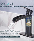 Waterfall Bathroom Faucet With Single Lever Handle Matte Black Brass Sink Faucet 1 Hole 6 Inch Centerset on countertop.