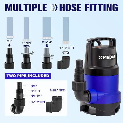 3 In 1 Submersible Sump Pump With 500W Motor Three Quarter HP For Clean Or Dirty Water With multiple hose fittings