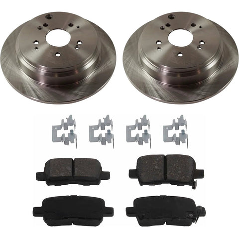 Brake rotor and pad kit for 2002-2004 Honda Odyssey rear solid 2-wheel set; two rotors, four brake pads, and hardware clips