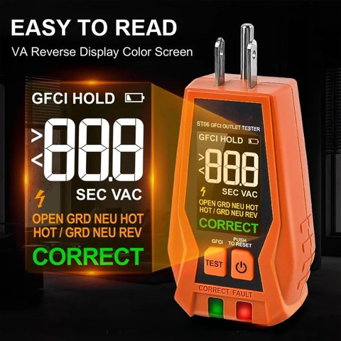 Three-Wire 120V AC Outlet Tester With GFCI Function, Detects Open Ground, Open Neutral, Hot Ground Reverse, Hot Neutral Reverse, Open Hot, Dual Open, Color LCD Screen, LED Indicator Lights, Must-Have Standard 3-Wire Receptacle Tester