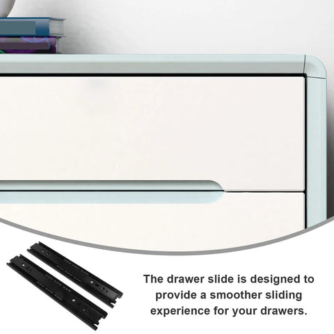 Two Pack 10 Inch Full Extension Ball Bearing Drawer Slides next to a white drawer showing smooth operation