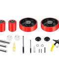 Heavy Duty Pallet Jack Wheel Replacement Kit with Dual 7x2 steering wheels, 3x3.75 front load rollers, bearings, and tools