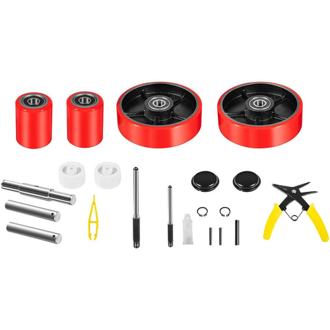 Heavy Duty Pallet Jack Wheel Replacement Kit with Dual 7x2 steering wheels, 3x3.75 front load rollers, bearings, and tools