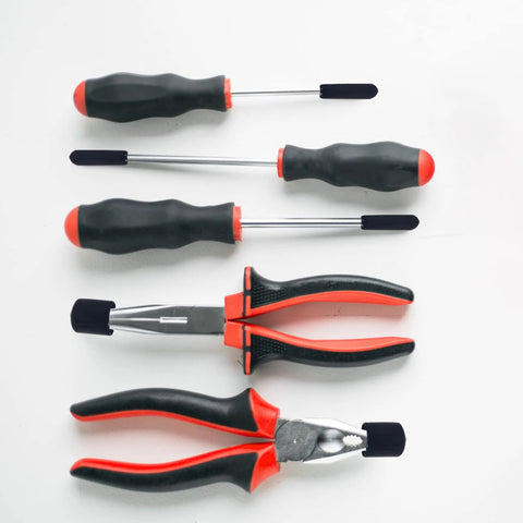 Rubber end caps on screwdriver handles and pliers from 163 piece rubber end caps set with 9 common sizes 2mm to 20mm.