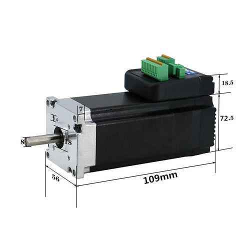 Amazon NEMA23 integrated stepper motor with driver; black housing, silver faceplate, shaft left, green terminal blocks