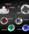 4 Pack Colorful LED Wheel Lights With Motion Sensor showcasing red, white, green, blue lights, valve stem attachment, solar panel feature