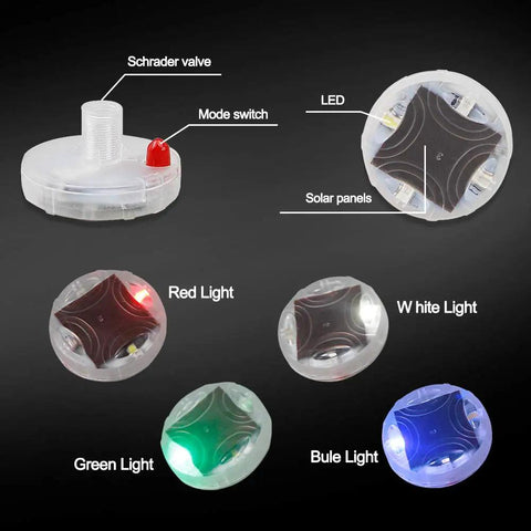 4 Pack Colorful LED Wheel Lights With Motion Sensor showcasing red, white, green, blue lights, valve stem attachment, solar panel feature