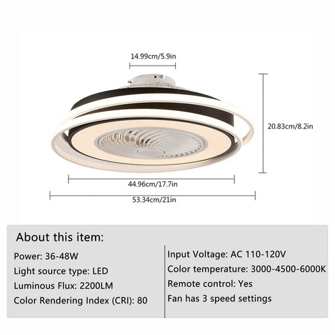 WEvalMC Ceiling Fan Light with Control Modern 5 Blades 3 Color Temperatures, LED, round design, 20.83cm height, 53.34cm diameter.
