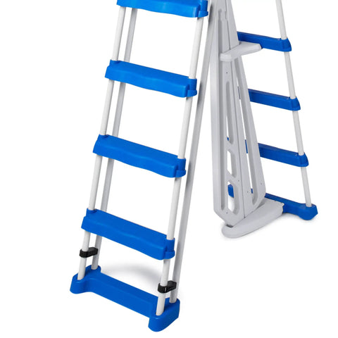 5 Step A Frame Pool Ladder for Above Ground Pools with No Slip Treads and Inside Barrier white and blue ladder, side view