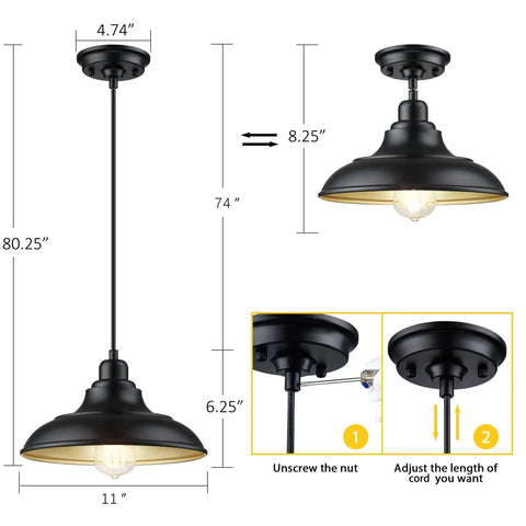 Dimensions and installation of industrial black pendant lights 2 pack with adjustable metal hanging lamps E26 base for farmhouse kitchen.