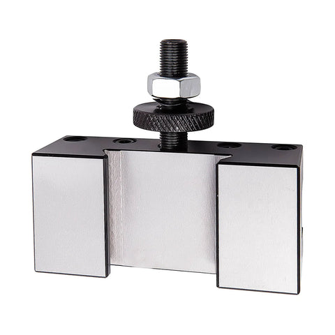 BXA #1 quick-change lathe tool post holder, set of 5, silver metal with black knob (front view)