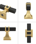 6 Pack 2 Inch Black And Gold T Bar Cabinet Knobs Matte Black Hardware For Dresser Drawers And Kitchen Cupboard Includes 6 Mounting Screws And Breakaway Screws, Fits Cabinets 11/16 Inch To 1.6 Inch Thick, shown in four views to highlight design.