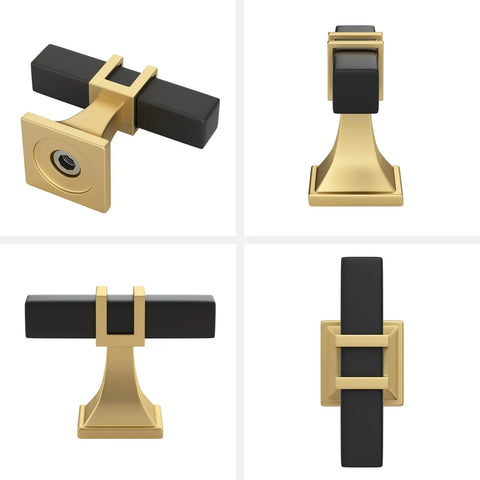 6 Pack 2 Inch Black And Gold T Bar Cabinet Knobs Matte Black Hardware For Dresser Drawers And Kitchen Cupboard Includes 6 Mounting Screws And Breakaway Screws, Fits Cabinets 11/16 Inch To 1.6 Inch Thick, shown in four views to highlight design.