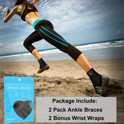 Person running on beach wearing Two Pack Adjustable Ankle Brace For Sprains And Recovery Breathable Neoprene Support With Ultimate Stabilization