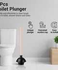 Six Piece Heavy Duty Toilet Plunger Set With Holder, 18 Inch Commercial Rubber Force Cups For Stubborn Clogs, Real Deal Durability For Quick Drain Fixes, Straight Shooter Black Bulk Bundle standing next to a toilet.