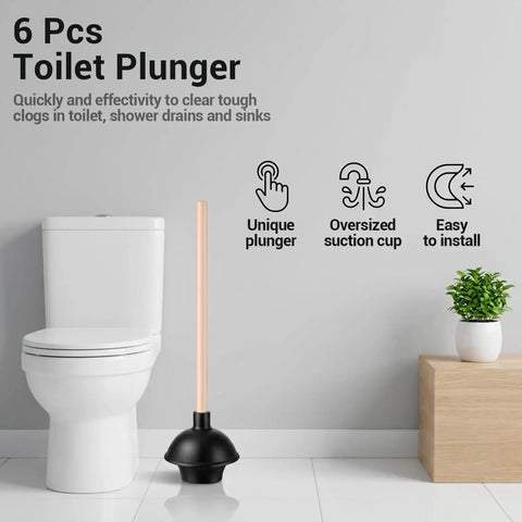 Six Piece Heavy Duty Toilet Plunger Set With Holder, 18 Inch Commercial Rubber Force Cups For Stubborn Clogs, Real Deal Durability For Quick Drain Fixes, Straight Shooter Black Bulk Bundle standing next to a toilet.
