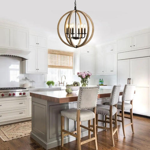 Orb 6 Light Farmhouse Chandelier In Brown Wood Finish with Globe design in kitchen above dining area