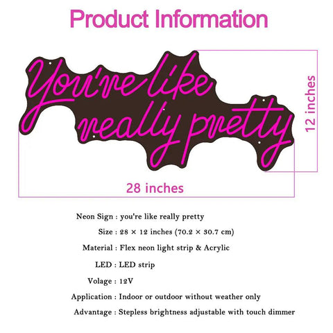 Massive 28 Inch Pink Neon Sign You're Like Really Pretty LED Light for bedroom bar club wall decor dimensions and details