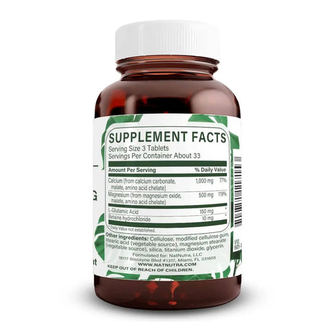 Back view of Chelated Calcium Magnesium 1000 to 500 Mg with Betaine HCl Supplement, showing Supplement Facts label on bottle