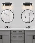 Two Light Black Vanity Lights For Bathroom Over Mirror With Clear Glass Shades And Metal Bases Modern Industrial Wall Sconces