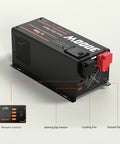 3000W Pure Sine Wave Inverter Charger With 9000W Peak, 12V DC To 120V AC, showing fan, terminals, and remote control